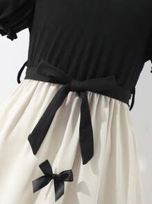 SHEIN Tween Girls' Bow Decor Round Neck Short Puff Sleeve Cute Dress, Filipiniana Terno - Multicolor - View 7