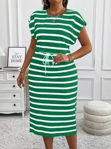 Calvaya Đầm midi thường ngày kẻ sọc cổ tròn tay lỡ cỡ lớn, xẻ dây rút, trang phục thu đông cho nữ, váy maxi - màu xanh lá - Xem 4