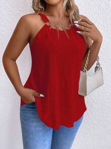Breezaya Plus Size Casual Solid Color Round Decor Tank Top, Summer - Red - View 1