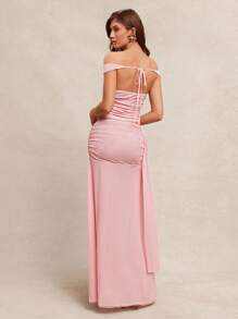 L'Amorae Women's Off Shoulder Tie Back Elegant Top With Ruching Detail - Pink - View 3
