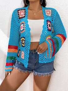 Flirla 大码女式花卉钩针开衫 - 藍色 - 查看 4