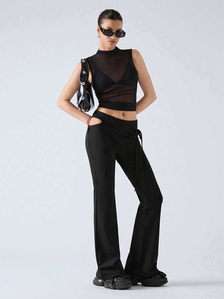 LYSMO Women's Black Knitted Casual Extra Long Pants With Ruched Detailing And Hip Cutouts - Black - View 1