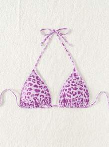 Swim Mod 1pc Women Leopard Print Halter Neck Bikini Top, Fashionable For Summer - Purple - View 4