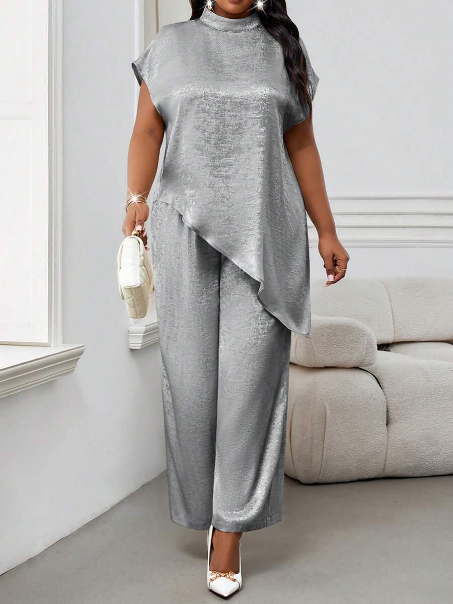 SHEIN Lady Two Pieces Women's Suit Summer Two Pieces Casual And Elegant Women's White Woven Stand-Up Collar Elegant Layered Women's Suit Fashionable Women's Two Pieces Suit Women's Casual Plus Size Matching Summer Tops Lounge Sets For Women Spring Outfits For Women - Light Grey - View 1