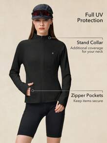 OutZeal SunProof UPF50+ 清凉修身立领防晒夹克 女款 带拉链口袋 运动健身 健身房 - 黑色 - 查看 2