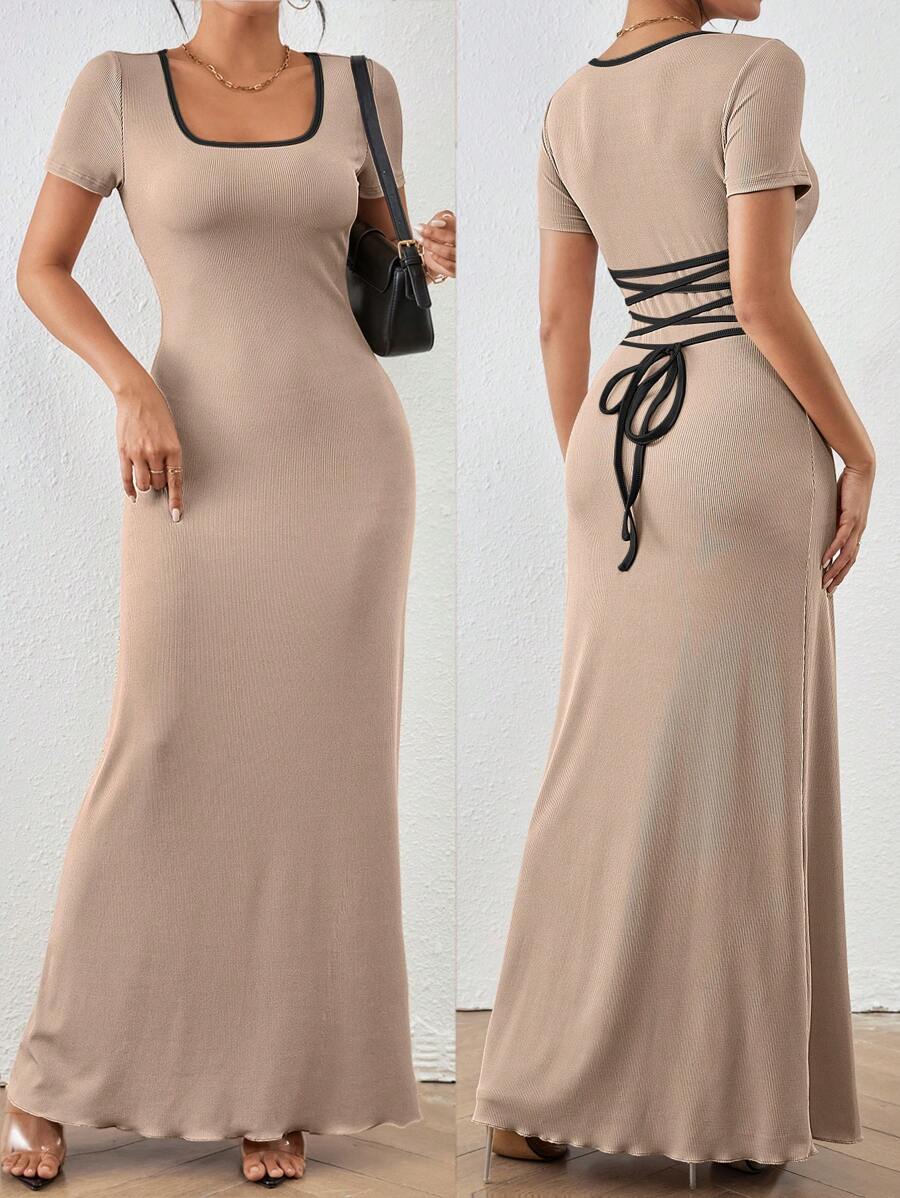SHEIN Clasi Relaxiva Elegant,Adjustable Waist Tuck Women'S Plain Color Square Neck Bodycon Dress Maxi Women Summer Boho/Bohemian/Festival Long Dress. - Khaki - View 1