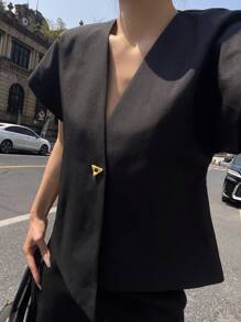 DAZY Women High-End Casual Vest Blazer, V-Neck Cap Sleeve Asymmetrical Crop Top Thin Suit Jacket, Summer Buisness Attire