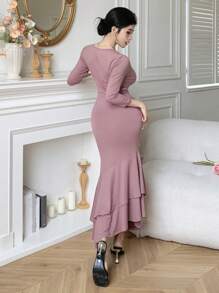 DAZY Women's Elegant Solid Color Fishtail Midi Dress - Pink - View 6
