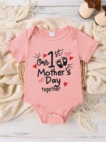 Baby Girl Mother's Day Cute Slogan Graphic Print Short Sleeve Bodysuit, Summer - Pink - View 3