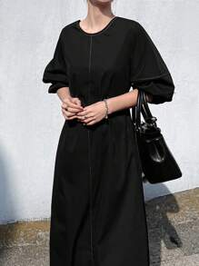 FRIFUL Women Solid Color Round Neck Lantern Sleeve Casual Long Dress Summer Beach Wear
