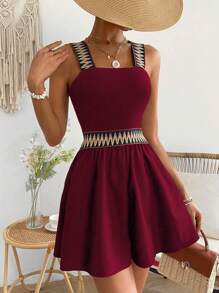 Breezaya Vacation Casual Webbing Splice Romper - Burgundy - View 5