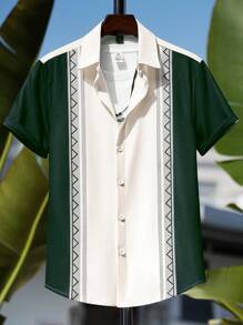 VIVINTIMO Kemeja Kasual Pria Lengan Pendek Kancing Tunggal Motif Geometris untuk Liburan. - Dark Green - View 7