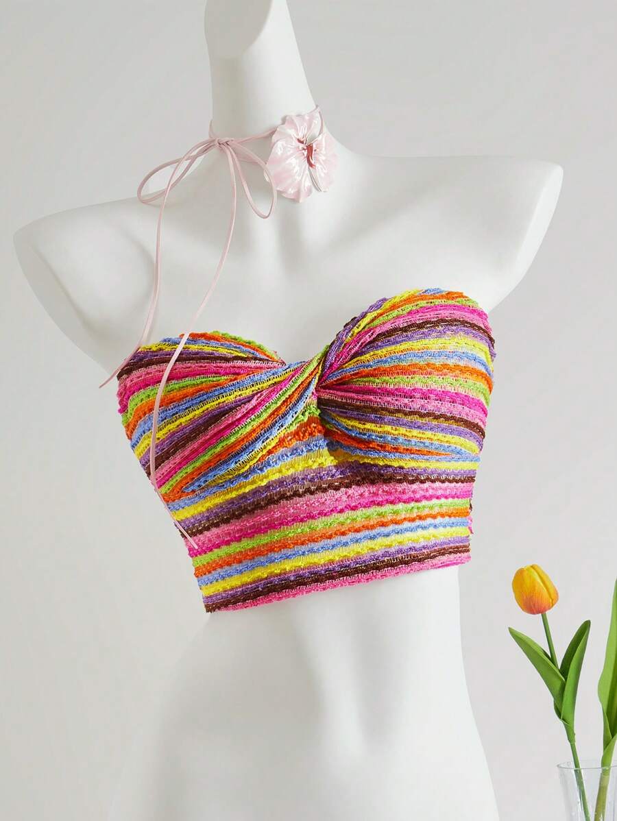 Sweetina 女士彩色条纹扭结抹胸休闲上衣，夏季 - 玫紅色 - 查看 1