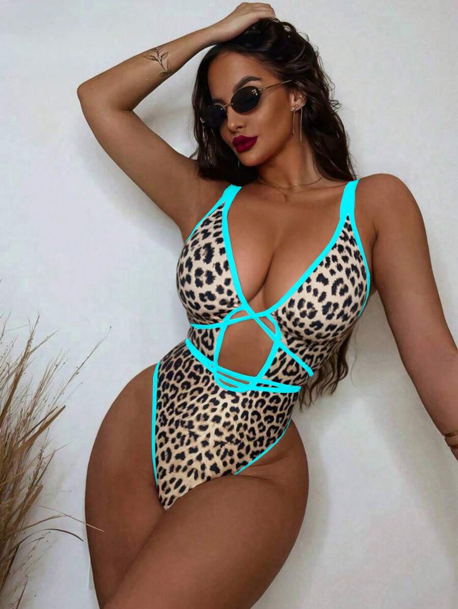Swim SXY Đồ bơi một mảnh cổ chữ V buộc chéo họa tiết da báo gợi cảm cho nữ, đồ mặc đi biển mùa xuân - Nhiều màu - Xem 1