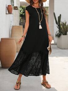 EMERY ROSE Vestido casual de retalhos de renda de cor sólida para férias - Preto - Ver 6