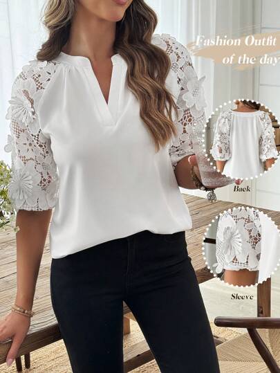 Elouméa 女式刺绣纹理贴花装饰锁眼领灯笼袖衬衫