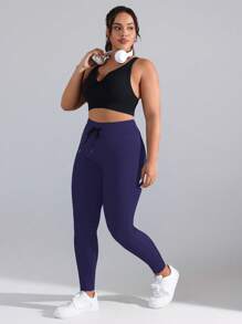 Easithlete Plus Size Women's Ribbed High Waist Drawstring Pants, Butt Lifting Base Layer Leggings - Navy Blue - View 3