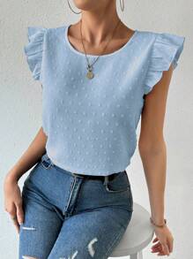 Breezaya Áo sơ mi nữ cổ tròn tay lửng màu trơn rộng rãi thường ngày - Màu xanh lam - Xem 4