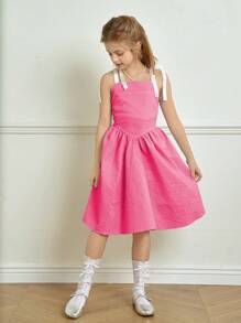 Tween Girl Elegant Minimalist Jacquard Texture Fabric Ribbon Bow A-Line Strap Dress, Suitable For Summer & Spring Wear, Suitable For Outings, Dates, And Vacations - Hot Pink - View 6