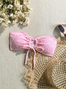 Swim Mod 2pcs Women Summer Floral Textured Spaghetti Strap Side Ruched Bikini Set, Swimwear Top