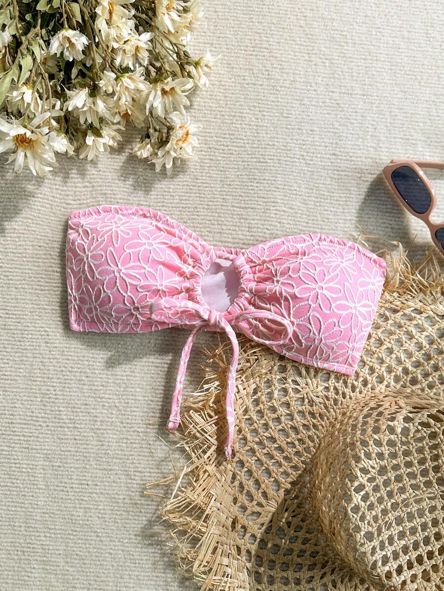 Swim Mod 2pcs Women Summer Floral Textured Spaghetti Strap Side Ruched Bikini Set, Swimwear Top