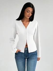 Aloruh Camisa de punto burdeos de manga larga con cuello en V y manga raglán al estilo francés vintage para mujer - Blanco - Ver 5