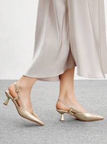 CUCCOO BIZCHIC Giày cao gót đế xuồng màu kim loại trơn kiểu ly rượu vang dành cho nữ, giày cao gót giả da thanh lịch và cổ điển để hẹn hò, dự tiệc - Vàng - Xem 5