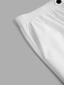 SHEIN PETITE Pantalones casuales holgados de talla grande para mujer con primavera/verano, color blanco con botones decorativos negros, cintura elástica y bolsillos reales. Versátiles y cómodos para el transporte, salidas y uso diario