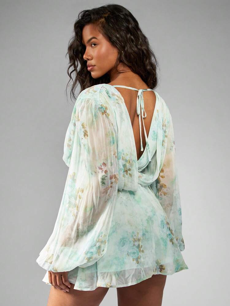 MISSGUIDED Watercolor Floral Chiffon Mini Dress With Volume Balloon Sleeves Empire Waist