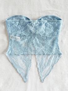 Soleia 女式针织纹理拼接弹力蕾丝面料扭曲前开衩下摆吊带背心上衣，适合度假、毕业典礼、派对、情人节、所有季节 - 淺藍色 - 查看 2