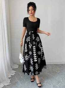 EMERY ROSE 女式夏季纯色花卉印花拼布休闲连衣裙 - 黑色 - 查看 7