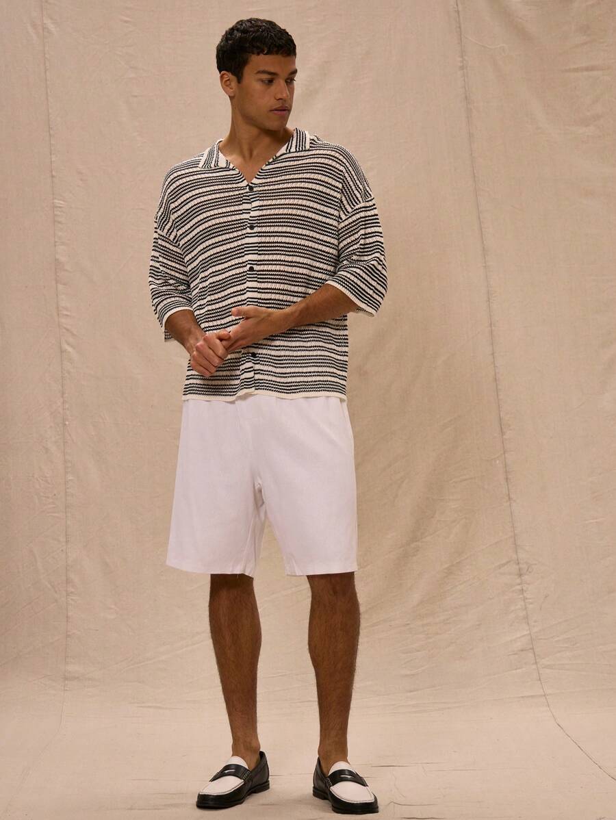 Musero Longline Woven Button Up Shorts Spring Summer - White - View 1