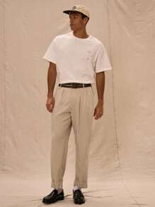Tailored Double Belt Detail Straight Leg Turn Up Trouser - Khaki - View 1