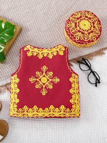 2 件男婴复古图案全身手工刺绣背心上衣 + 帽子服装，6 个月至 3 岁 - 紅色 - 查看 2