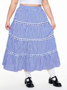 ROMWE Kawaii Conjunto de vacaciones para mujer con falda A-line plisada y con volantes, cinta a cuadros, talla grande