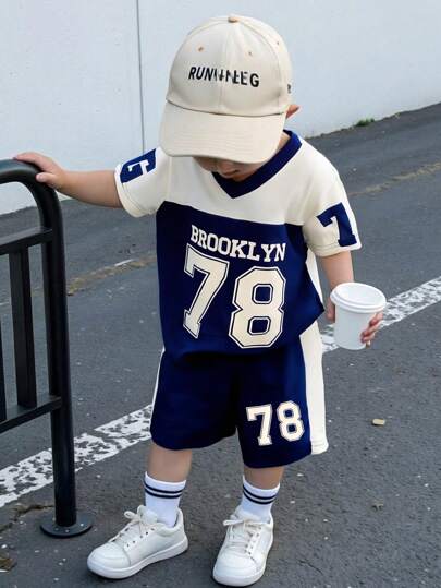 SHEIN Playful Pals Baby & Toddler Boys Sports Casual V-Neck Short Sleeve T-Shirt & Printed Sports Shorts Outfit, Suitable For Daily Wear, Sports Watching, Summer