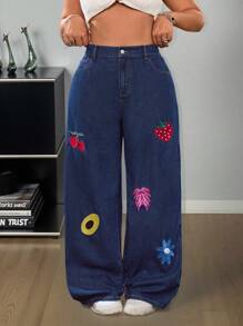 SHEIN ICON Plus Size Women Wide Leg Loose Strawberry Embroidery Jeans - Dark Wash - View 1