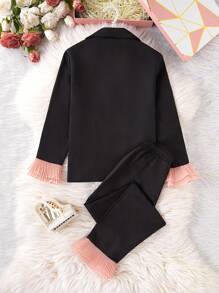 SHEIN 2pcs/Set Tween Girls Elegant Sweet Comfortable Satin Contrast Net Ruffle Hem Loungewear Set - Black - View 2