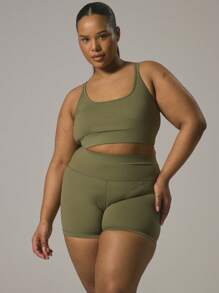 MUSERA Plus Double Strap Branded Logo Patch Padded Slinky Sports Bra Gym Active Workout Sport Casual Gym Fitness - Army Green - View 1