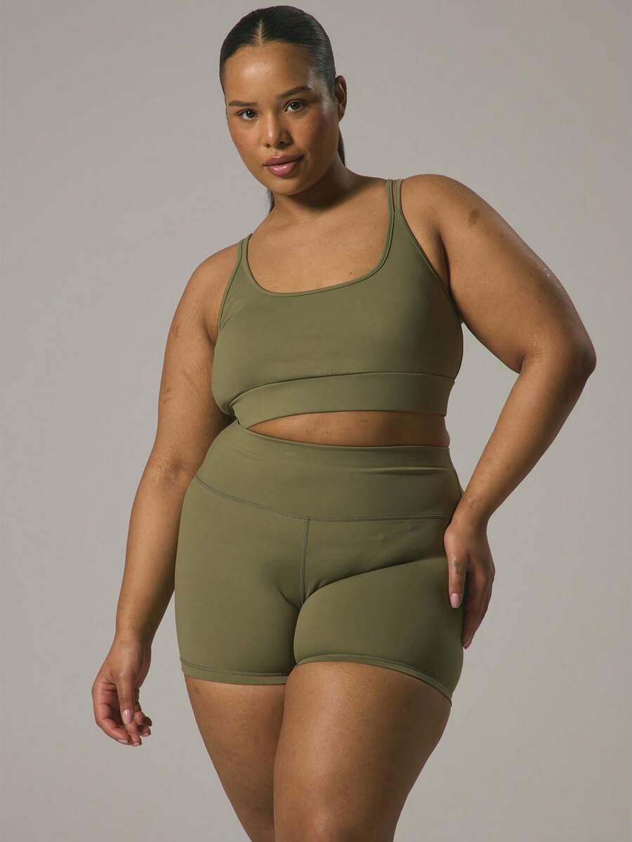 MUSERA Plus Double Strap Branded Logo Patch Padded Slinky Sports Bra Gym Active Workout Sport Casual Gym Fitness - Army Green - View 1