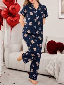 SHEIN 泡泡皱熊与蝴蝶结印花短袖睡衣套装 - 藏蓝色 - 查看 6