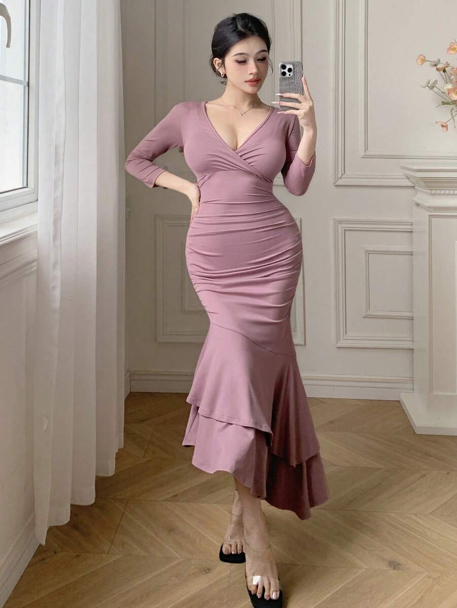 DAZY Women's Elegant Solid Color Fishtail Midi Dress - Pink - View 1