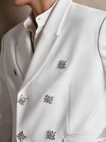 AKNOTIC 2pcs/Set Men's White Woven Diamond Embellished Slim Fit Double Breasted Casual Blazer Suit Set, Suitable For Daily Wear, Vacation, Wedding, Party, Graduation Gift, Spring/Summer - White - View 5