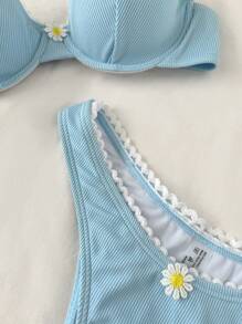 Swim Mod Women Daisy Pattern Decorative Sexy Bikini Swimsuit Set, Summer Beach - Blue and White - View 4