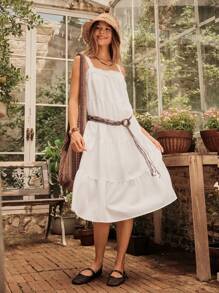 Easelle Váy midi ren dệt nhiều lớp màu trắng kiểu Pháp cho nữ, mùa hè - trắng - Xem 4