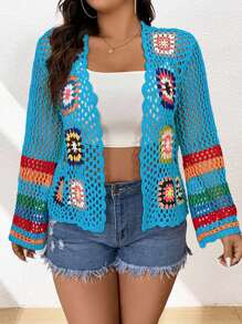 Flirla 大码女式花卉钩针开衫 - 藍色 - 查看 3