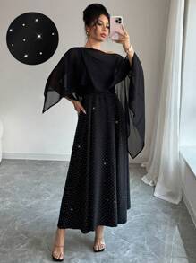 Elenzga Elegant Glamorous Shiny Open Shoulder Gathered Waist Dress - Black - View 1