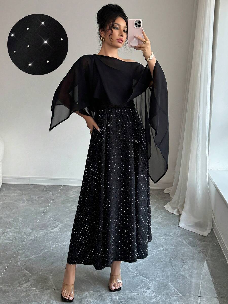 Elenzga Elegant Glamorous Shiny Open Shoulder Gathered Waist Dress - Black - View 1