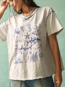 Bohemela Summer Vacation Style Ocean Pattern Knit Round Neck Loose Women T-Shirt - Apricot - View 6