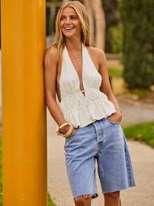 Aralina Boho Sexy White Deep V Neck Peplum Halter Summer Going Out Top - White - View 5